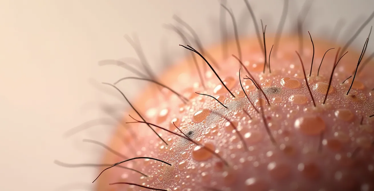 Vue détaillée montrant différents états du cuir chevelu : pellicules, couleur, texture, pour illustration du processus d'auto-diagnostic