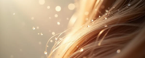 Cheveux fins texturés avec gouttelettes d'eau et reflets lumineux naturels, composition avec profondeur de champ et éclairage cinématographique