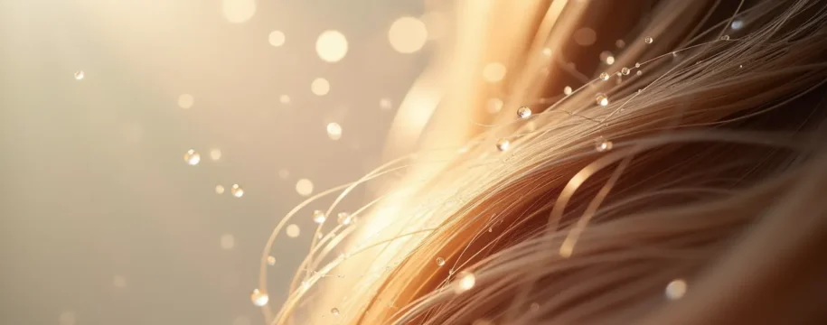 Cheveux fins texturés avec gouttelettes d'eau et reflets lumineux naturels, composition avec profondeur de champ et éclairage cinématographique