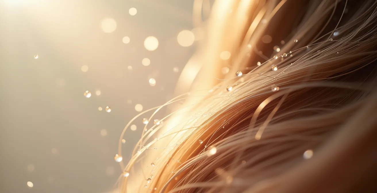 Cheveux fins texturés avec gouttelettes d'eau et reflets lumineux naturels, composition avec profondeur de champ et éclairage cinématographique