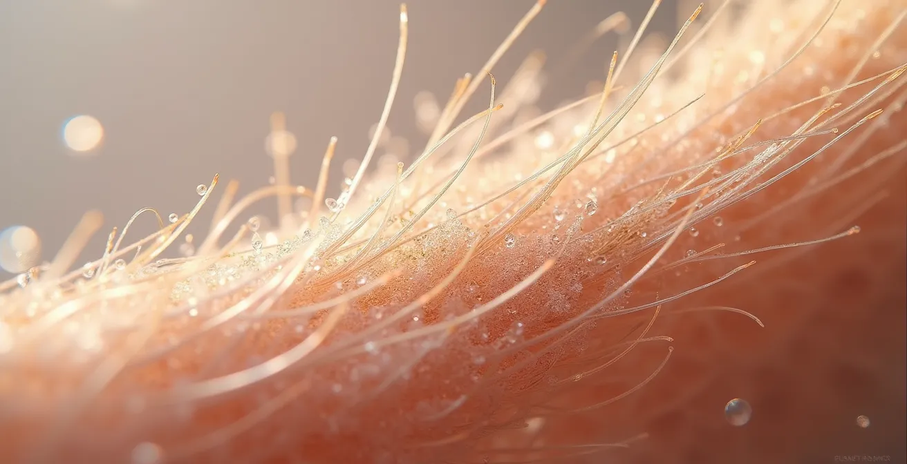 Fibres capillaires fines recouvertes de résidus cumulés, montrant l'effet d'étouffement et de poids, texture filmogène visible sous éclairage macro