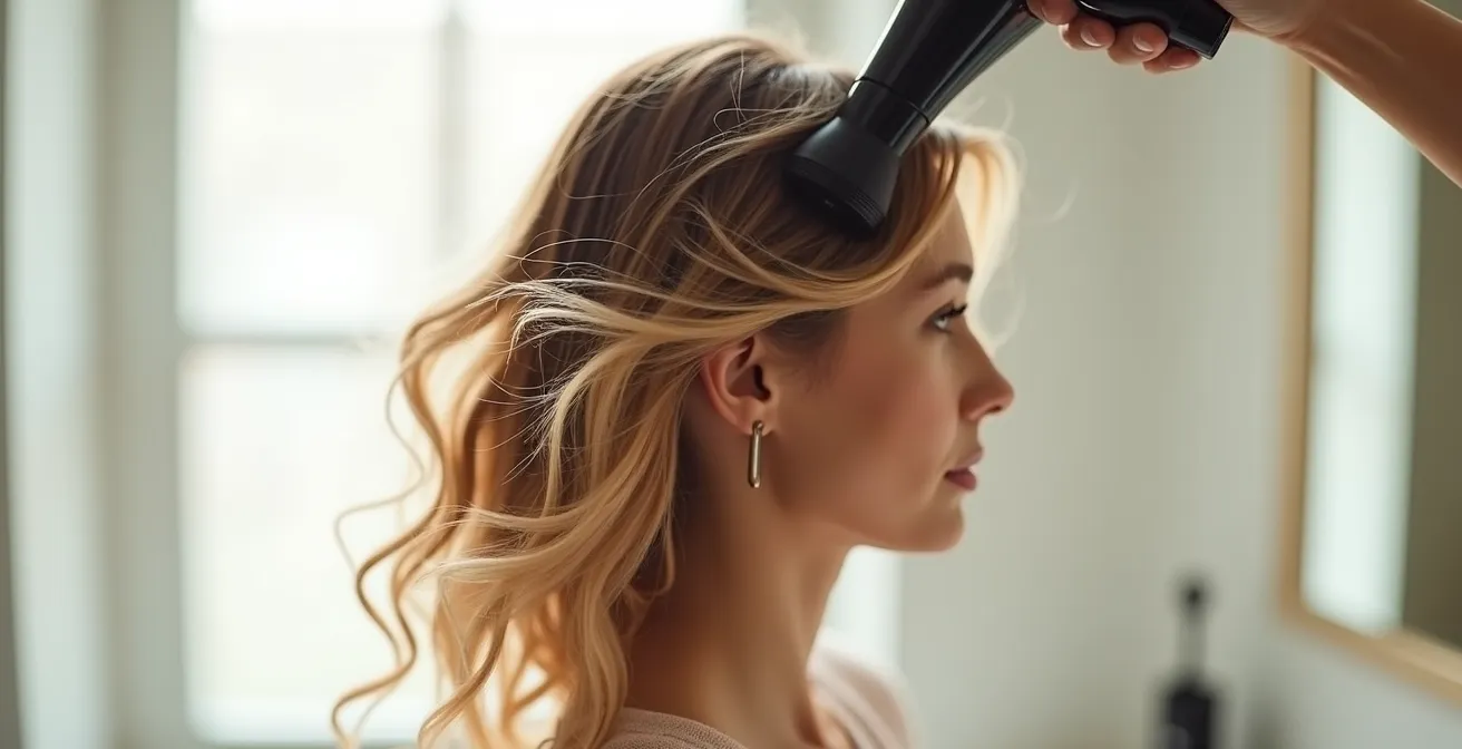 Femme avec cheveux fins séchés en technique lift-up, tête en bas puis vers l'avant, montrant le volume naturel aux racines et la légèreté des longueurs