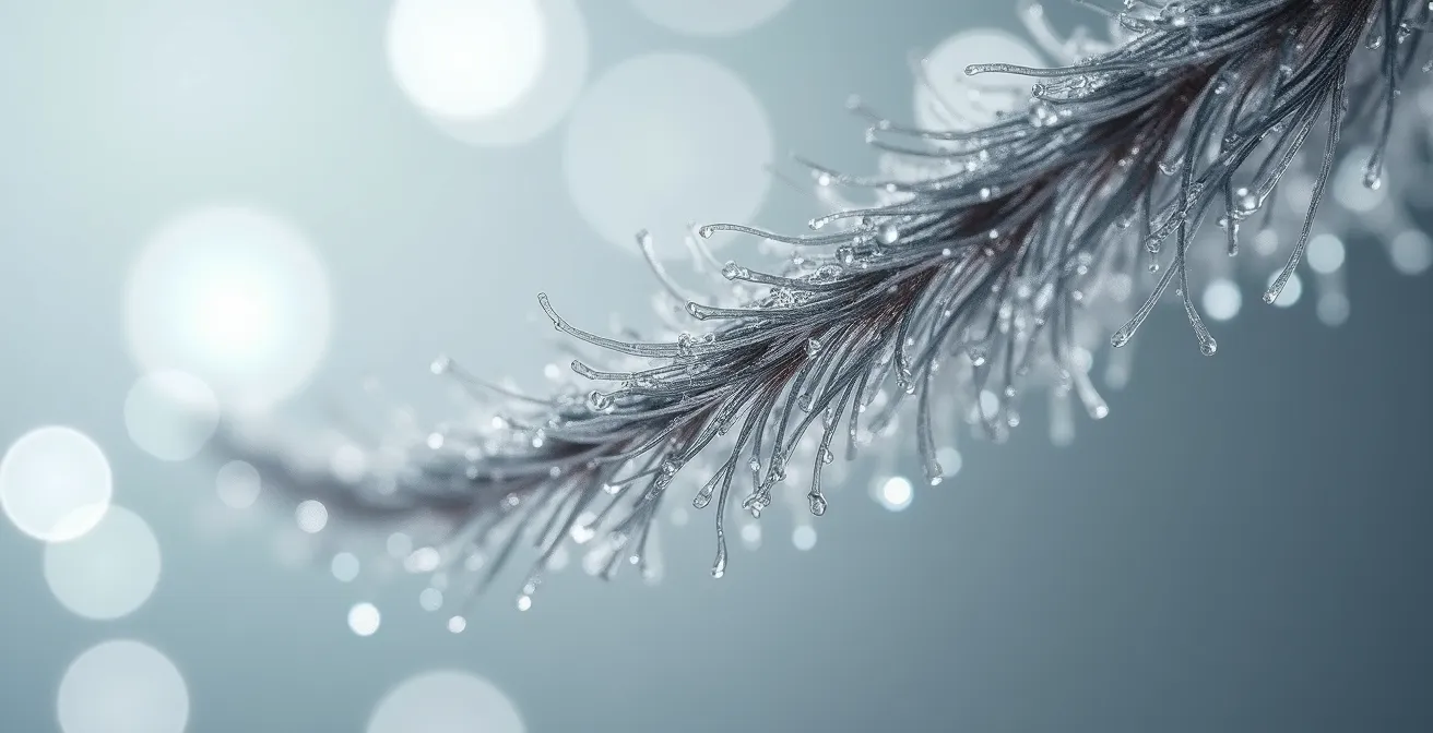 Vue macro d'une mèche de cheveux montrant l'accumulation de résidus