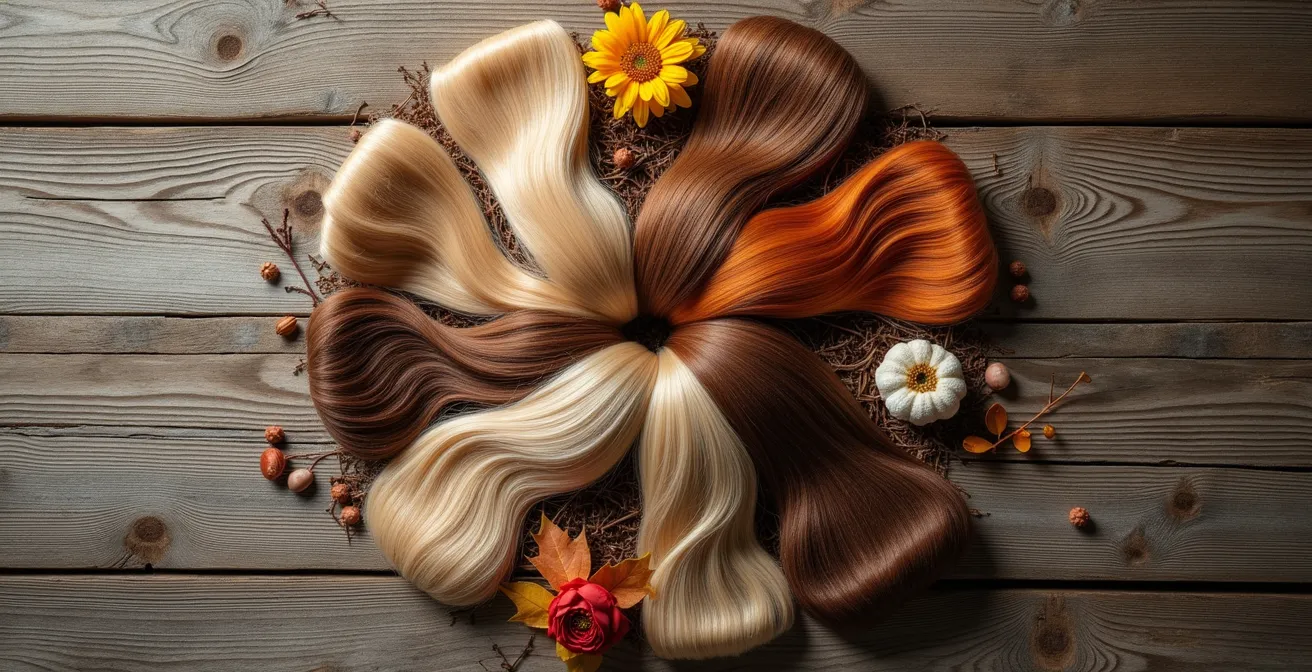 Quatre mèches de cheveux représentant les saisons sur fond naturel