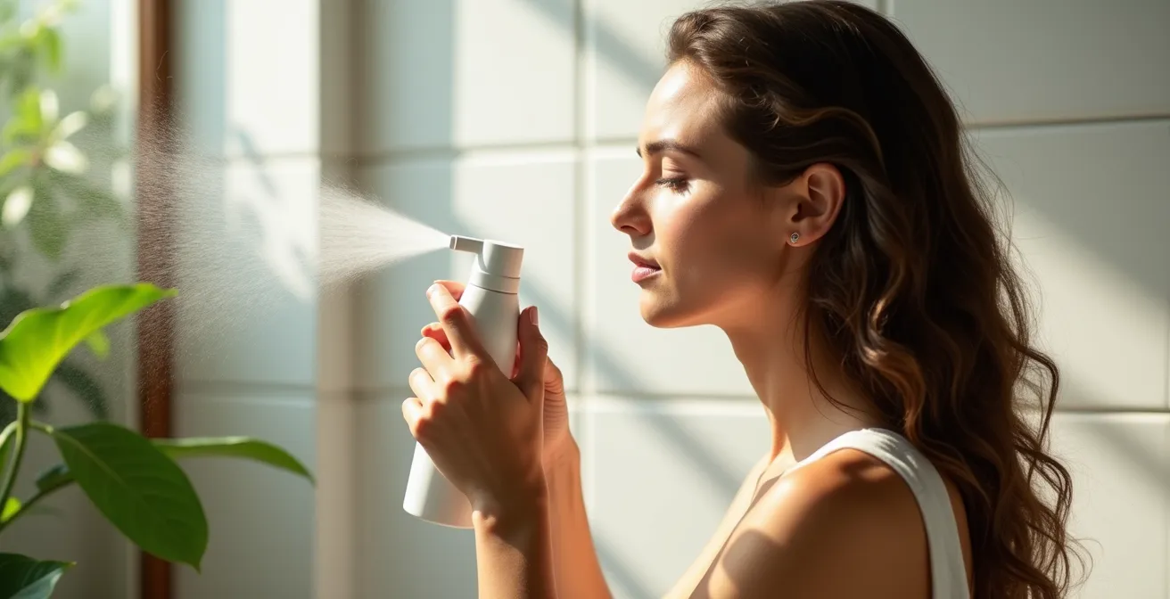 Gouttelettes d'eau en suspension sur différentes textures de cheveux