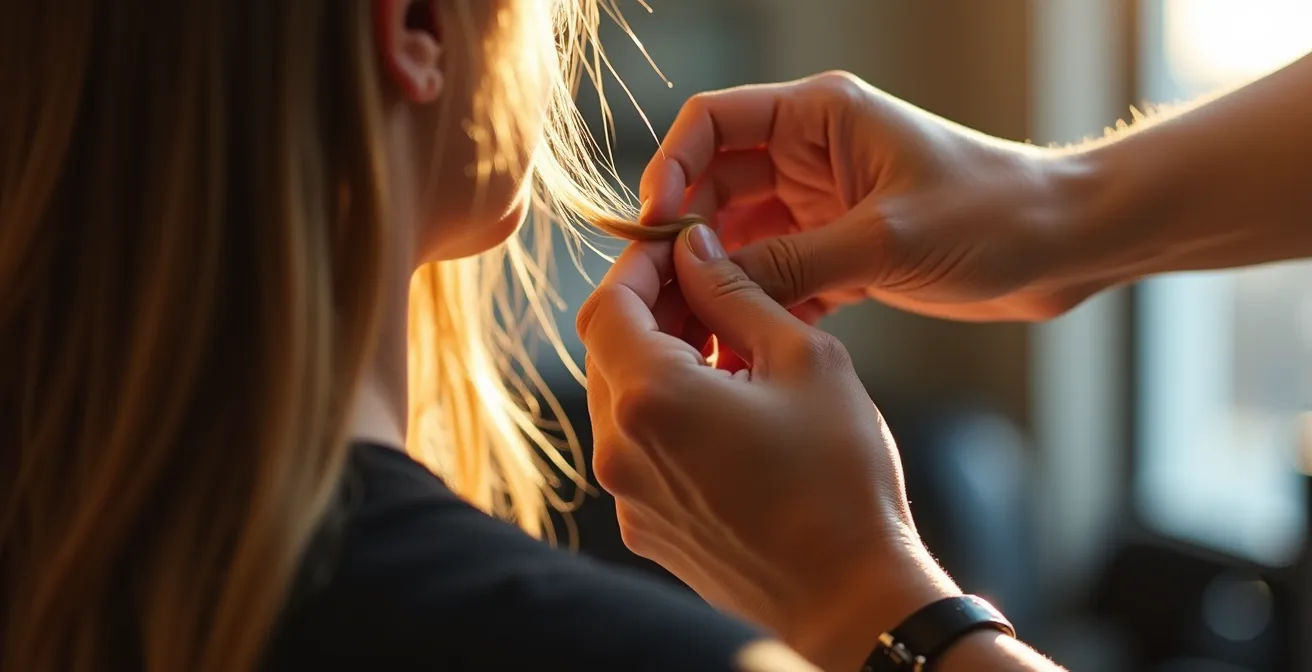 Consultation approfondie entre coiffeur et cliente dans un salon artisanal