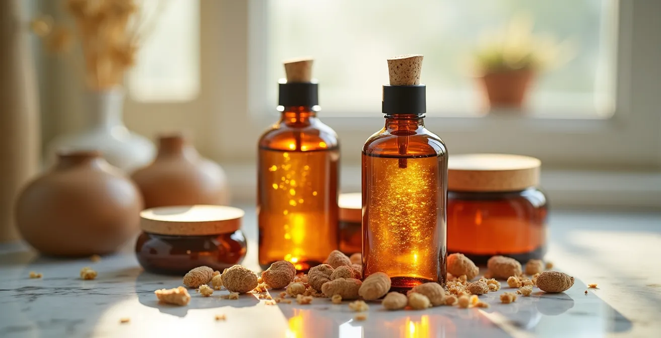 Collection de produits capillaires biologiques et naturels dans un salon artisanal