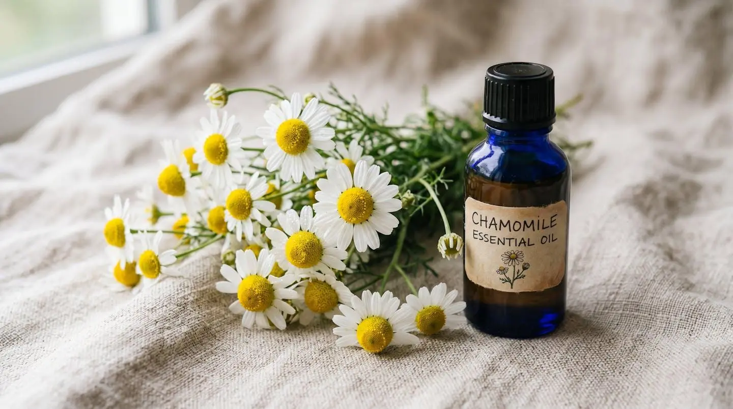 Fleurs de camomille matricaire fraîches sur fond naturel, illustrant la matière première végétale du shampoing bleu solide