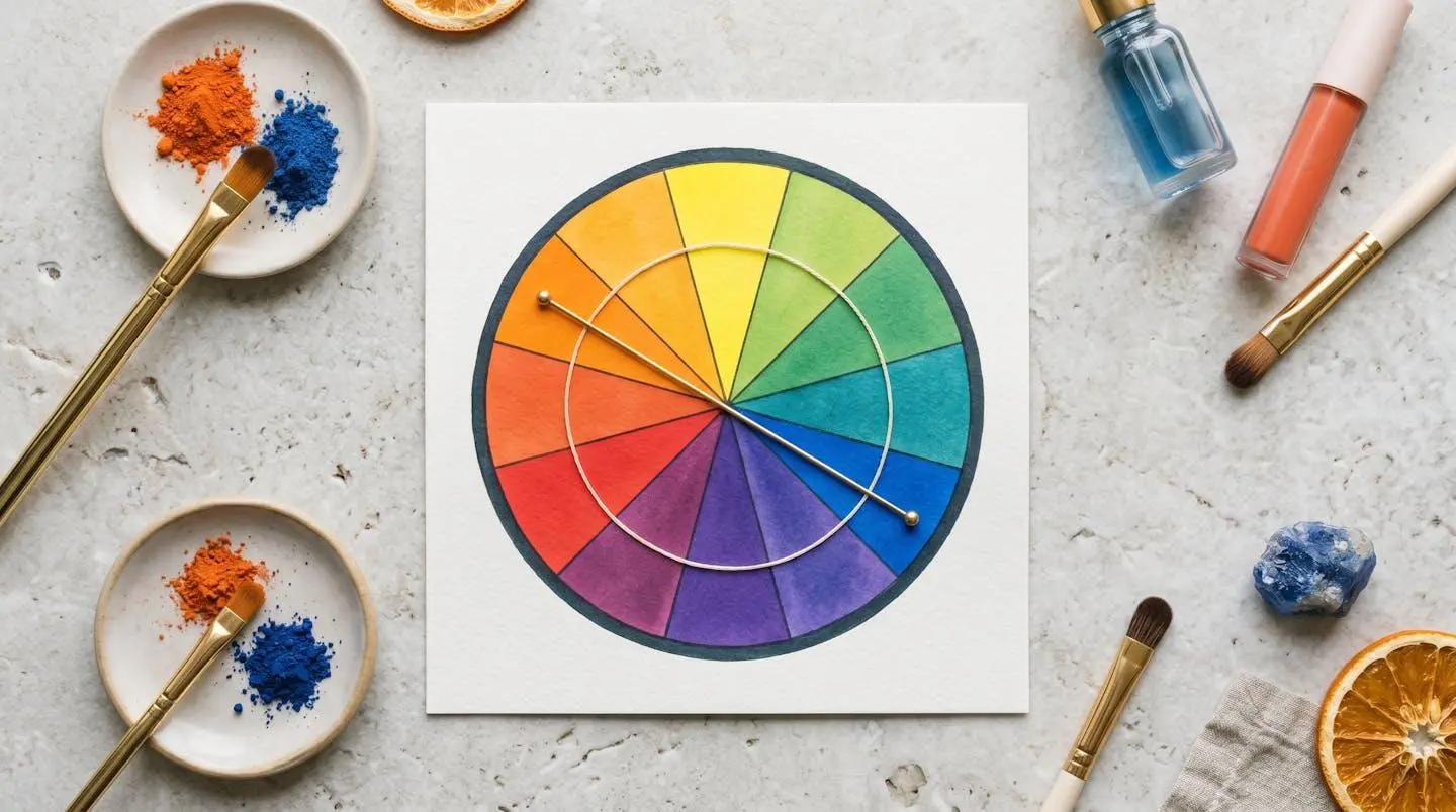 Représentation du cercle chromatique montrant la complémentarité du bleu et de l'orange pour neutraliser les reflets indésirables