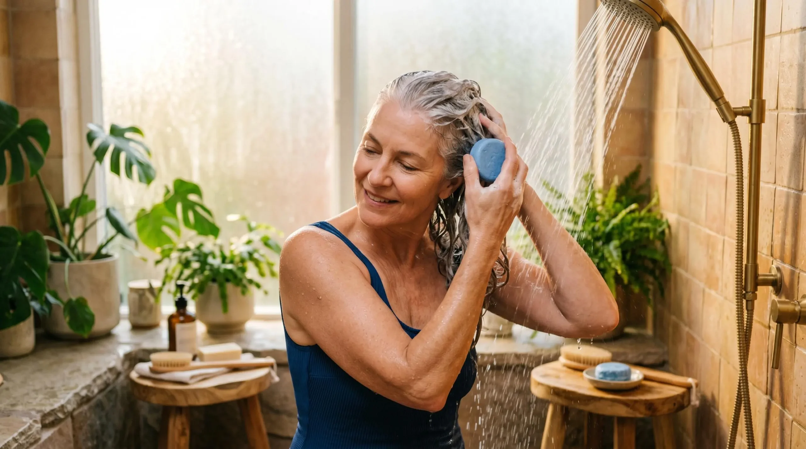 Femme aux cheveux blancs appliquant un galet de shampoing solide sous la douche, illustrant le rituel capillaire naturel