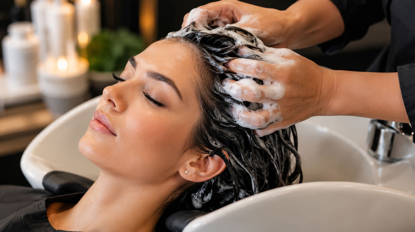 Main d'une femme appliquant un galet de shampoing solide beige-vert sur des cheveux mouillés sous la douche, mousse blanche se formant au contact