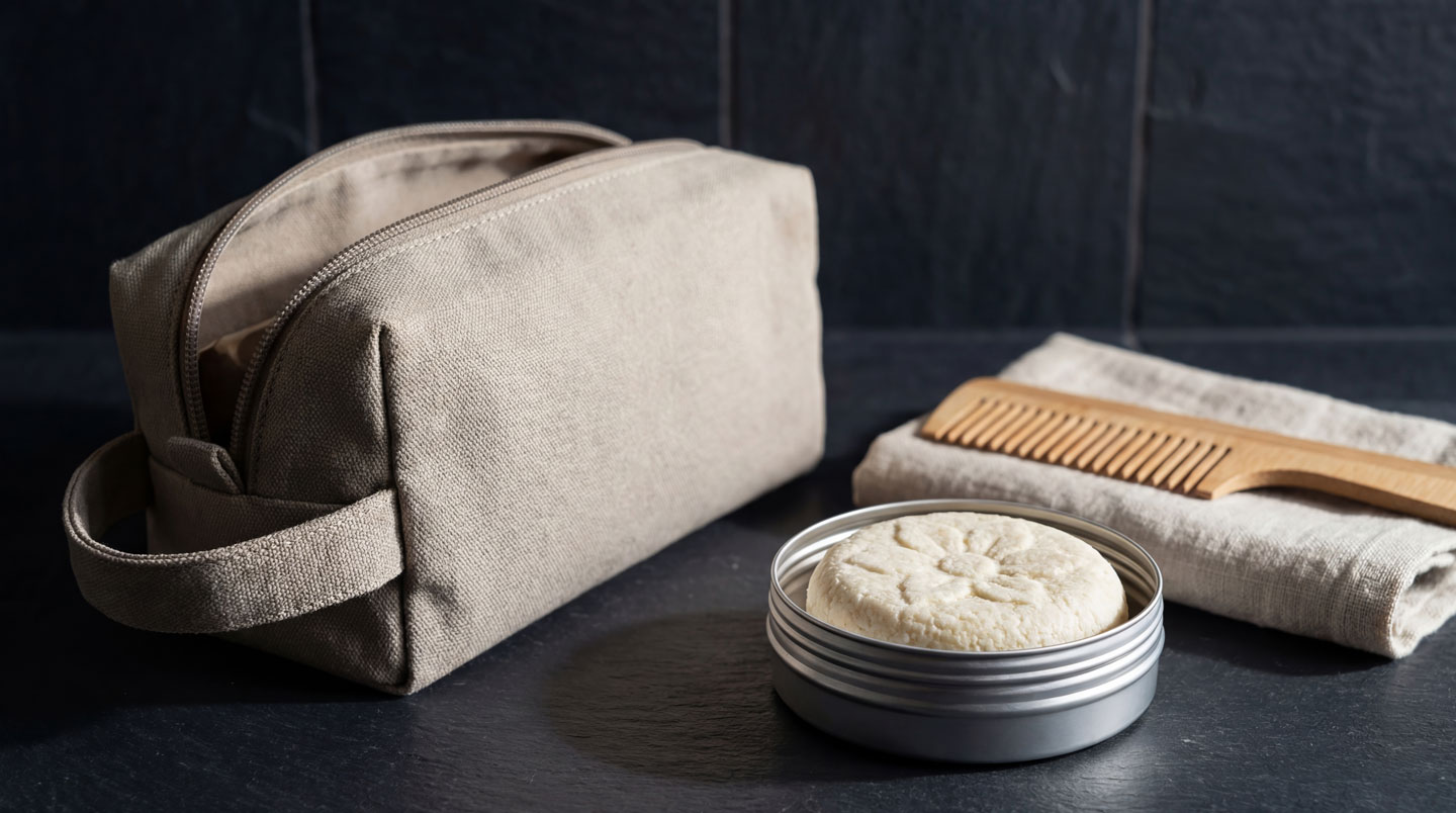 Mains d'une personne plaçant un galet de shampoing solide beige dans une boîte de transport métallique ronde perforée, sur un lit avec trousse de toilette ouverte et valise en arrière-plan
