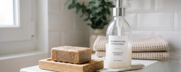 Galet de shampoing solide beige posé sur un porte-savon en bois à côté d'un flacon transparent de shampoing liquide, tous deux sur un rebord de lavabo blanc dans une salle de bain moderne