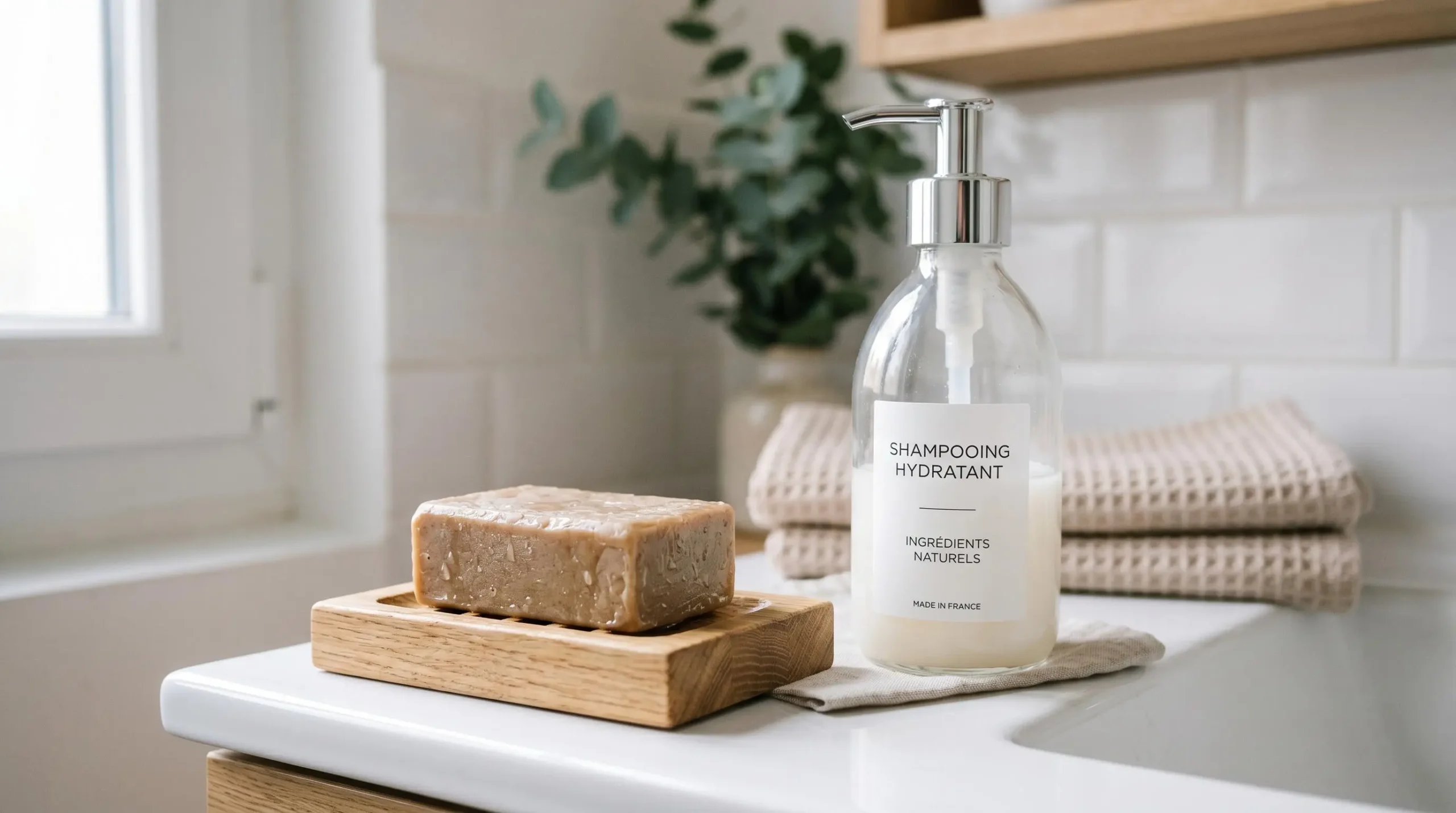Galet de shampoing solide beige posé sur un porte-savon en bois à côté d'un flacon transparent de shampoing liquide, tous deux sur un rebord de lavabo blanc dans une salle de bain moderne