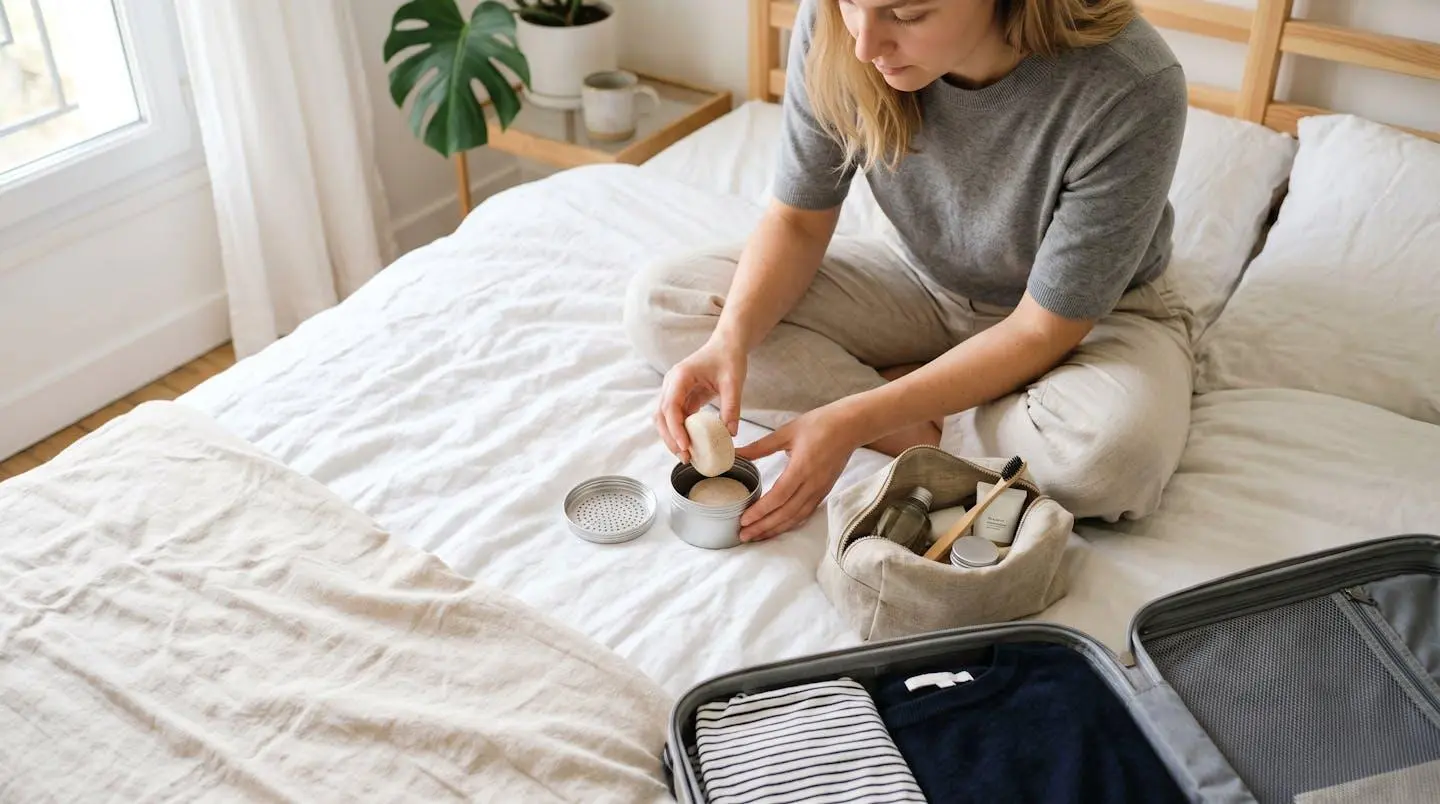 Mains d'une personne plaçant un galet de shampoing solide beige dans une boîte de transport métallique ronde perforée, sur un lit avec trousse de toilette ouverte et valise en arrière-plan