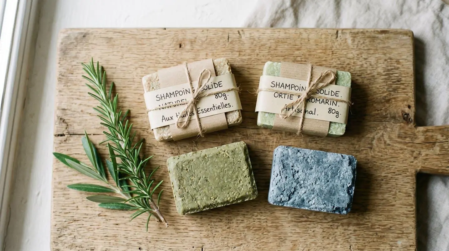 Quatre galets de shampoings solides de couleurs naturelles variées, certains emballés dans du papier kraft avec ficelle de jute, d'autres déballés, disposés sur une planche en bois clair avec brins de romarin